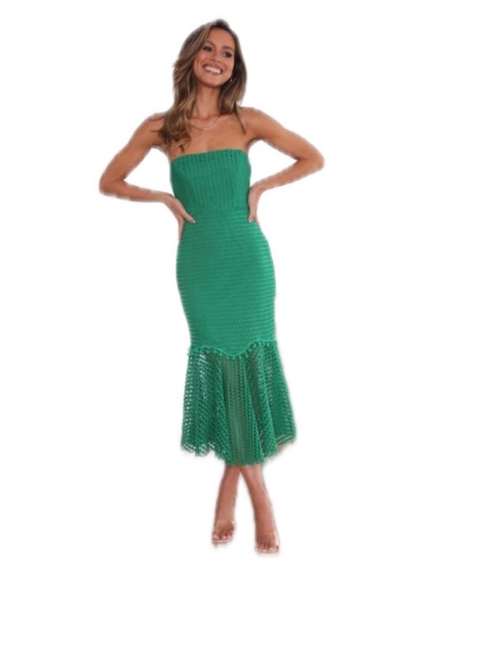 Hello Molly NWT Green Crochet Strapless Mermaid Midi Dress Small US 4